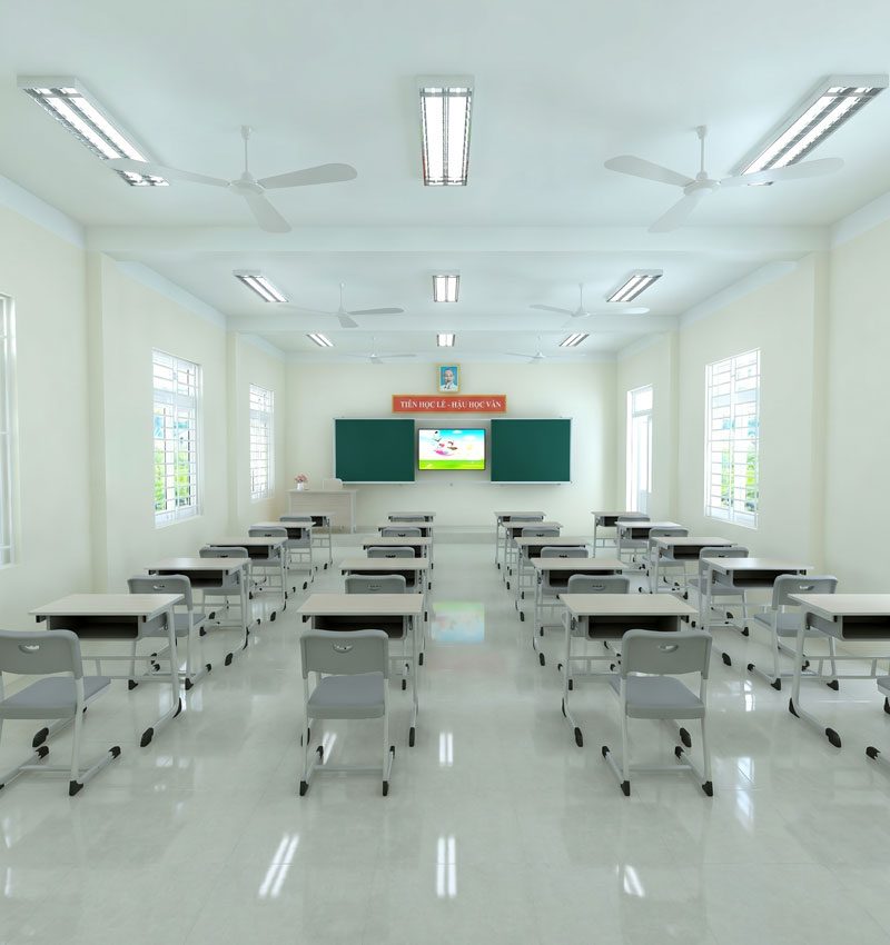 Lớp học kê bàn ghế học sinh thành các hàng hướng lên bảng