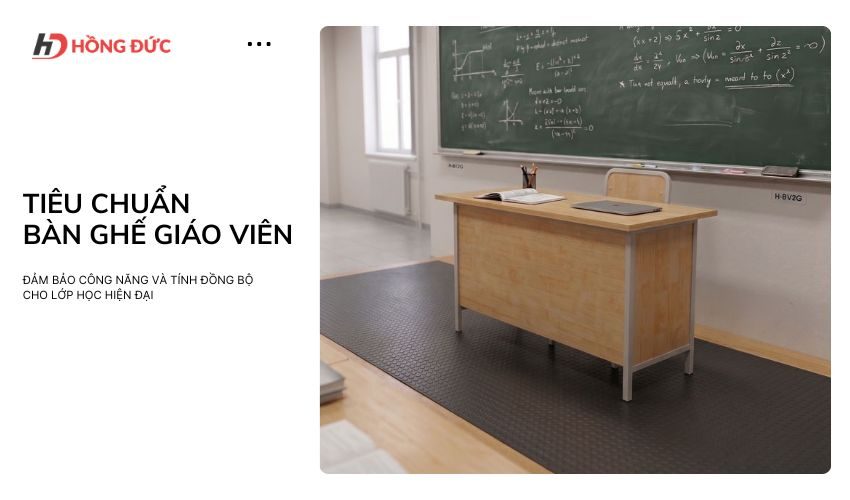 Bàn giáo viên mặt gỗ chân sắt sơn tĩnh điện đặt trước bảng lớp học