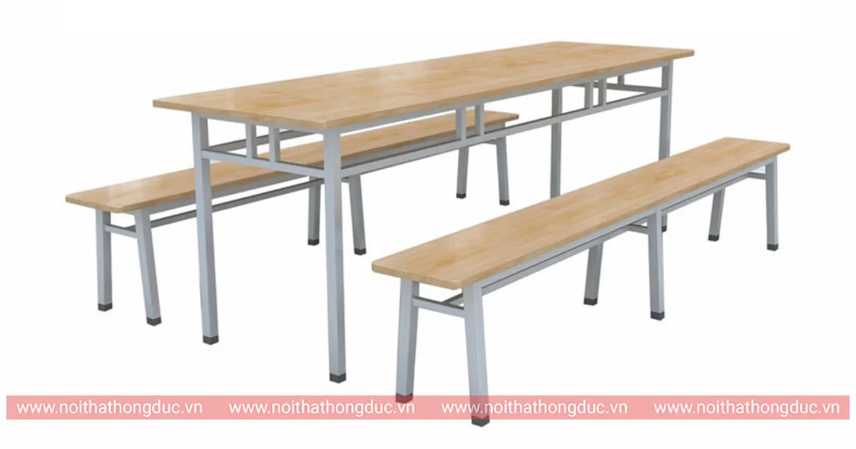 Bàn ăn tập thể BA04B liền ghế băng, khung sắt mặt gỗ