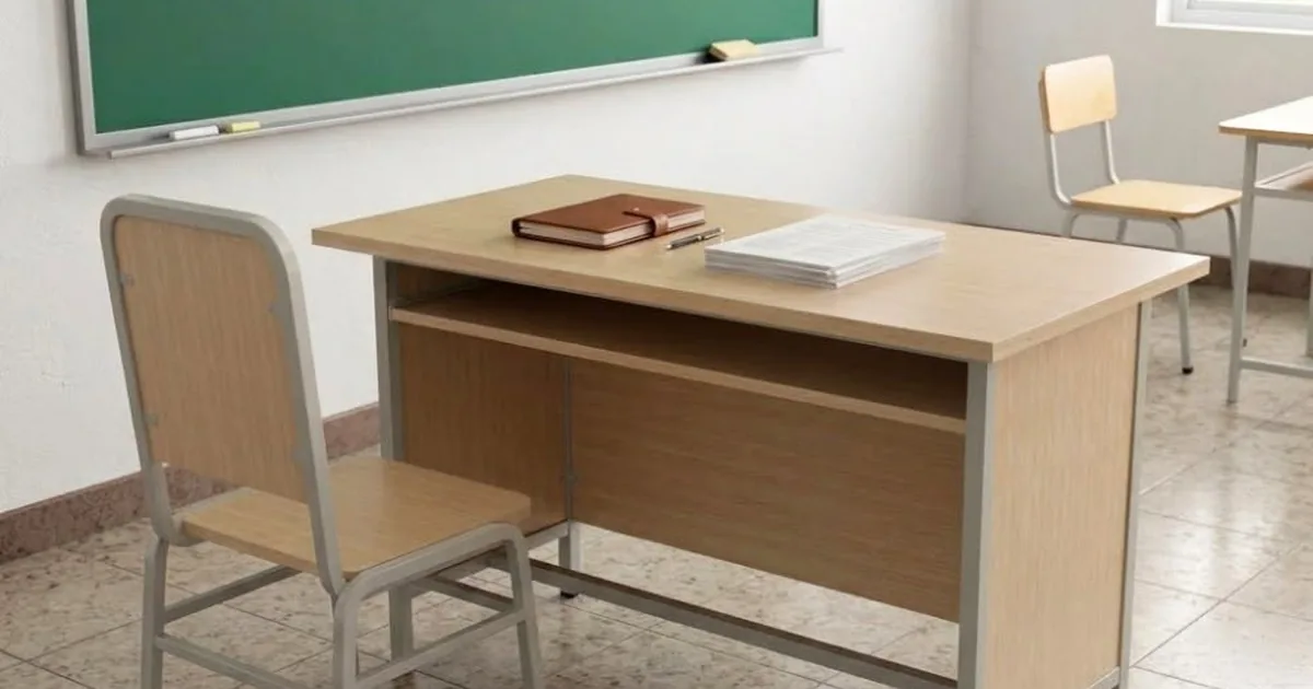 Bàn giáo viên khung sắt mặt gỗ đặt trong lớp học
