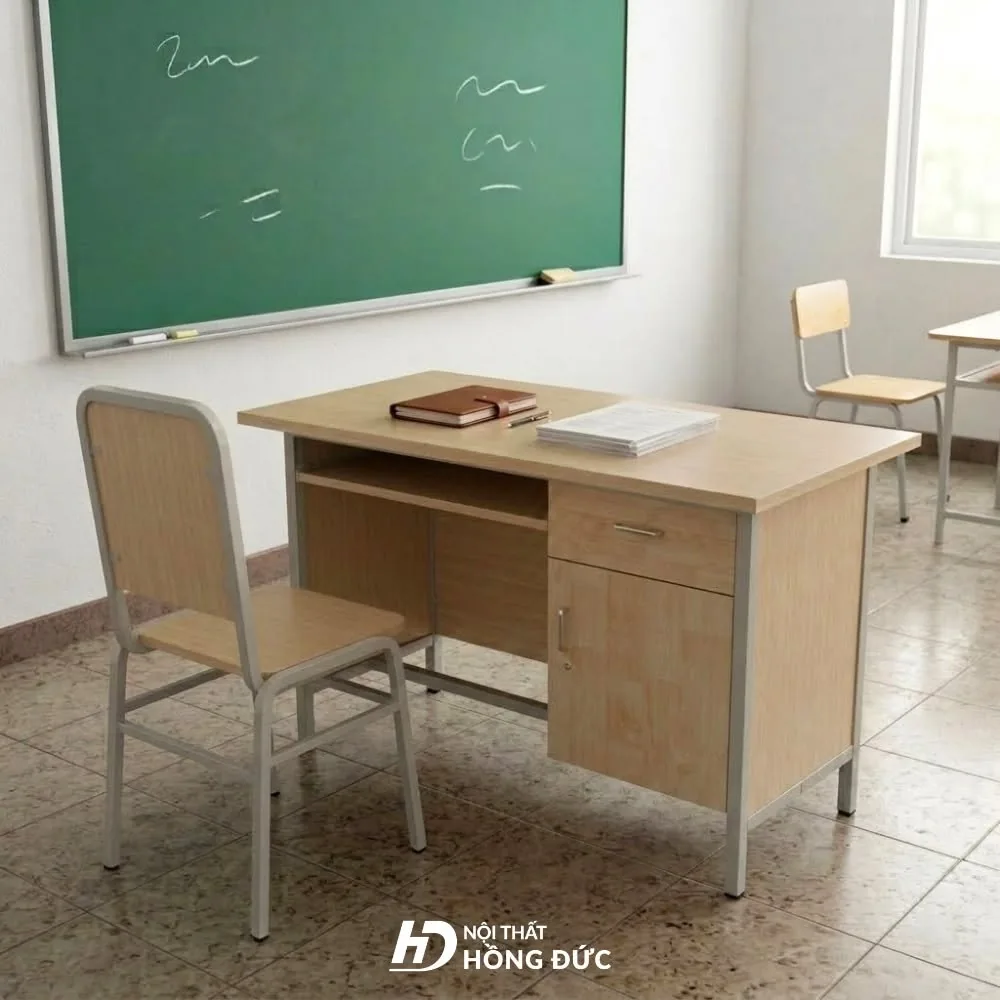 Bàn giáo viên khung sắt sơn tĩnh điện đặt trong lớp học