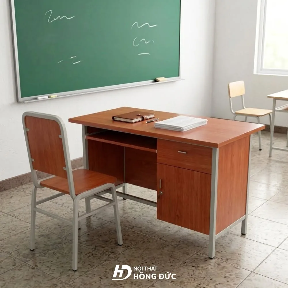 Bàn giáo viên mặt gỗ màu nâu đỏ có ngăn kéo và cánh tủ, kèm ghế tựa cùng màu