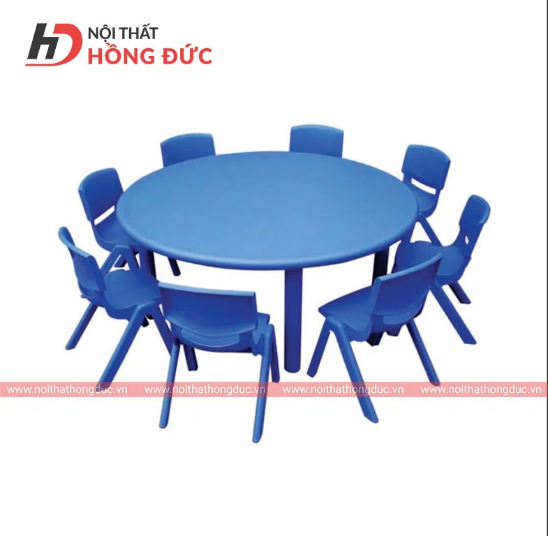 Bàn mẫu giáo nhựa cao cấp mặt tròn màu xanh kèm ghế nhựa rời