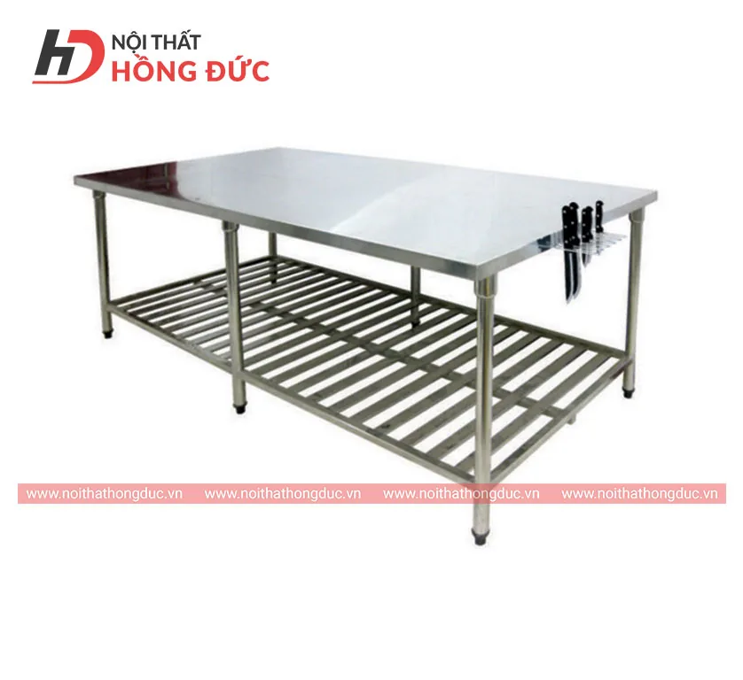 Bàn sơ chế thực phẩm HMAY32I mặt inox, khung inox có tầng dưới để đồ