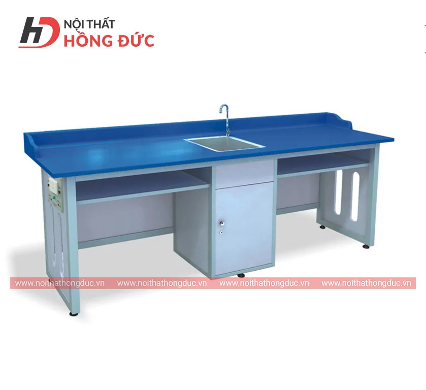 Bàn thí nghiệm hóa sinh cho học sinh, có bồn rửa gắn trên mặt bàn