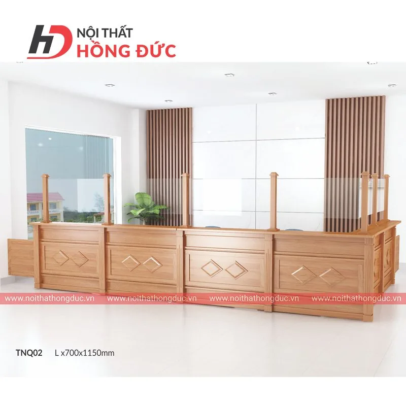 Dãy bàn quầy TNQ02 nhìn chính diện, thấy các vị trí giao dịch