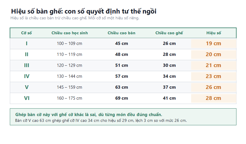Bảng hiệu số giữa chiều cao bàn và chiều cao ghế theo sáu cỡ số của Thông tư liên tịch 26/2011, từ 19 cm ở cỡ I tới 28 cm ở cỡ VI