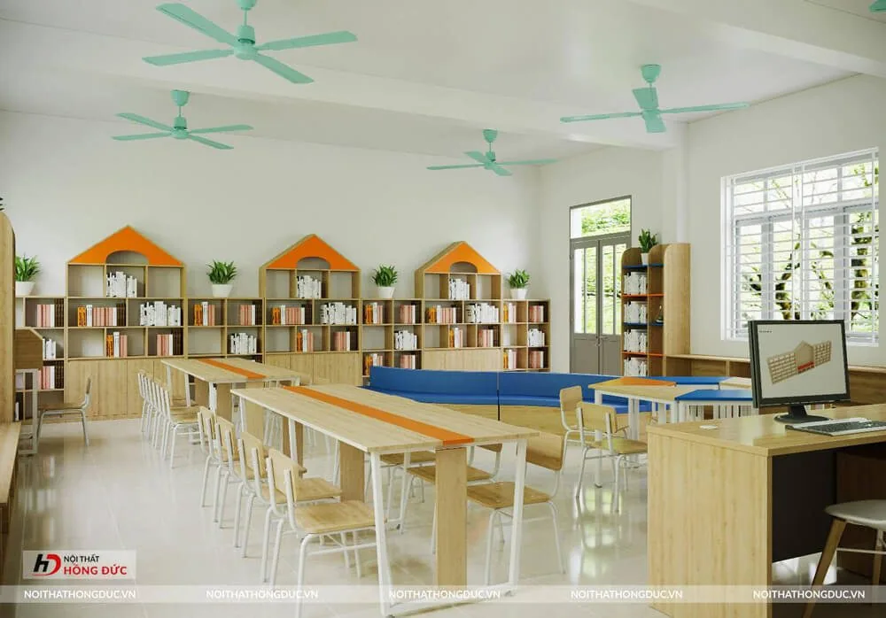 Không gian thư viện THCS có quầy thủ thư và khu đọc sách
