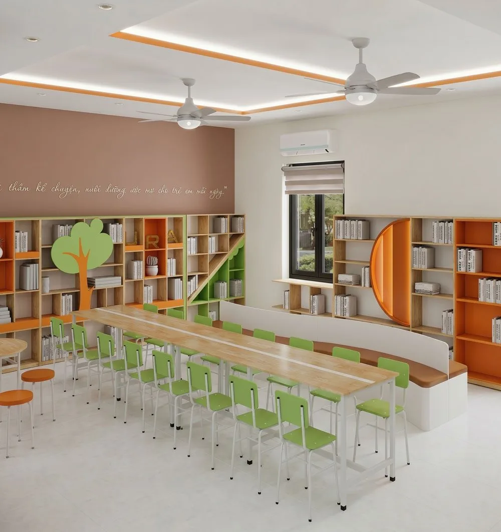 Không gian thư viện với bàn đọc dài và giá sách