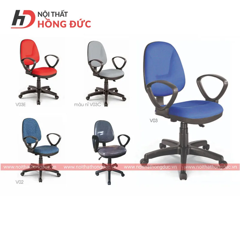 Nhiều mẫu ghế xoay đặt cạnh nhau, khác nhau ở lưng và chân