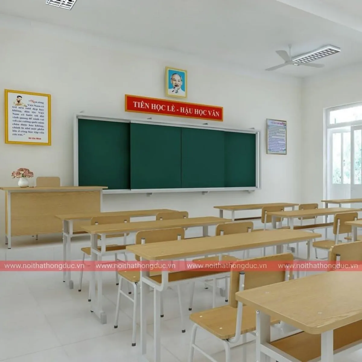 Phòng học đã lắp bàn giáo viên bên trái bảng xanh và các dãy bàn học sinh