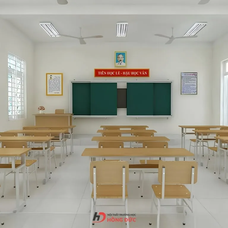 Phòng học kê bàn ghế học sinh khung sắt mặt gỗ