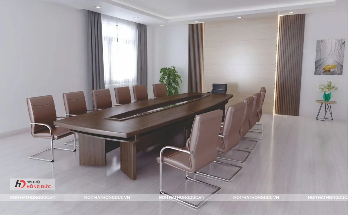 Phòng họp kê ghế chân quỳ bọc da quanh bàn họp