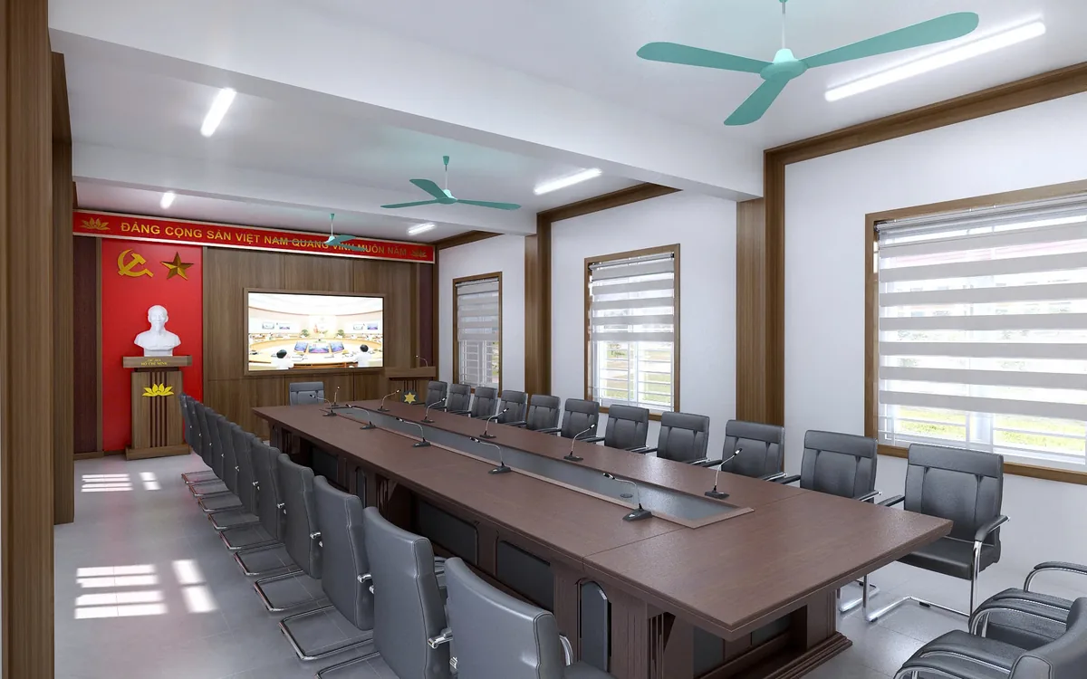 Phòng làm việc chung nhiều chỗ ngồi đã kê bàn và ghế
