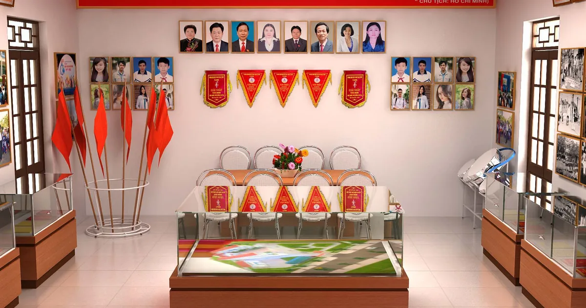 Phòng truyền thống có dãy cờ và tủ trưng bày thành tích thi đua dạy và học