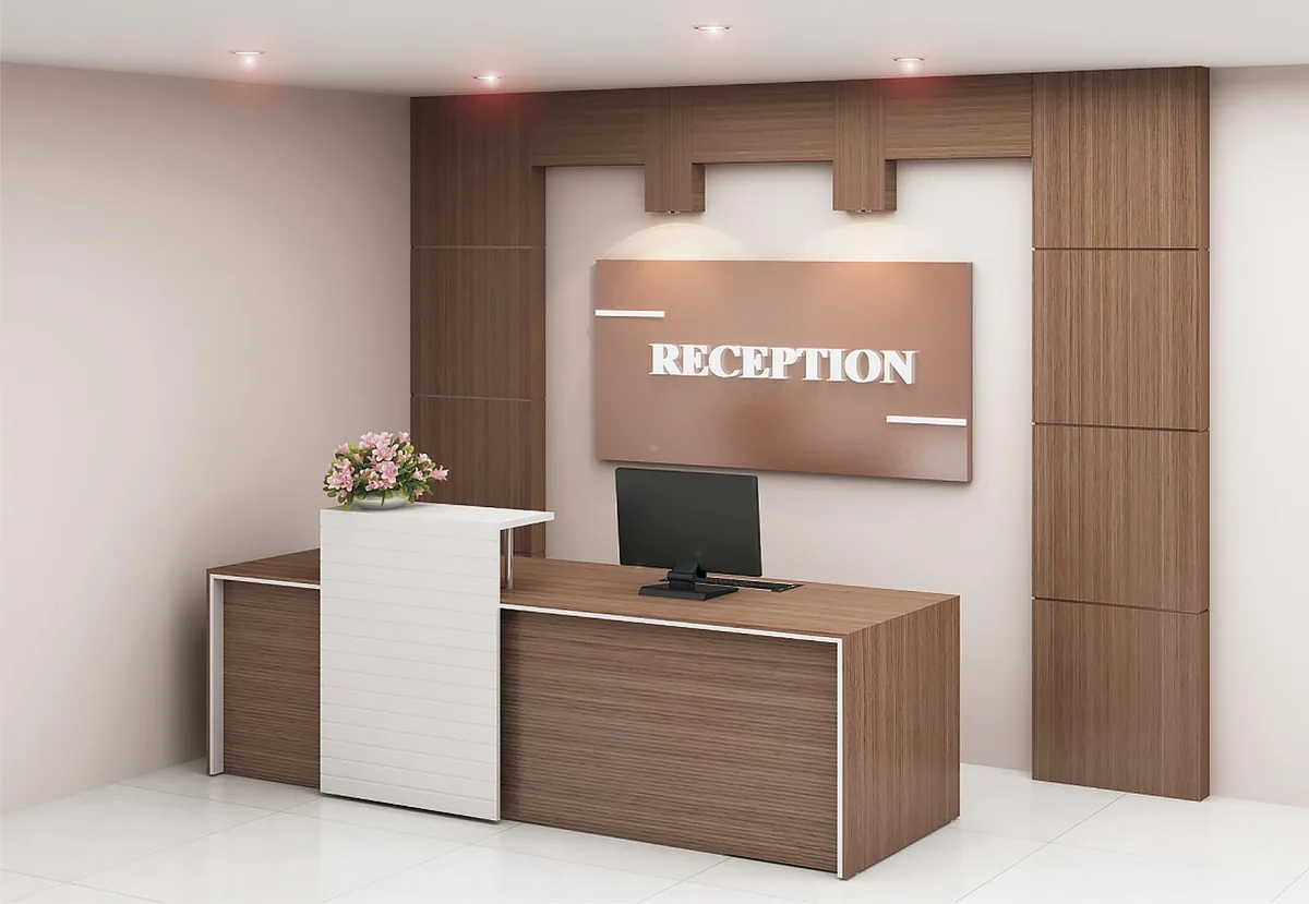 Quầy lễ tân gỗ công nghiệp, mặt trước ốp nan trang trí