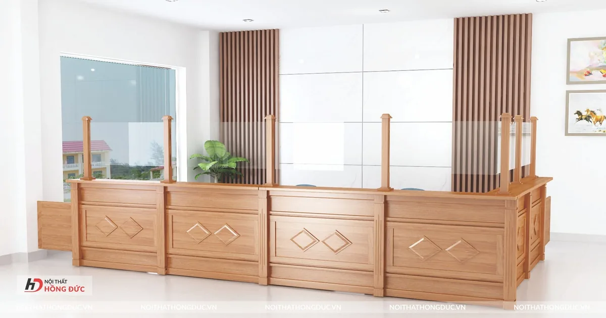 Quầy một cửa thật đã hoàn thiện, thấy toàn cảnh dãy quầy và khu vực đứng giao dịch
