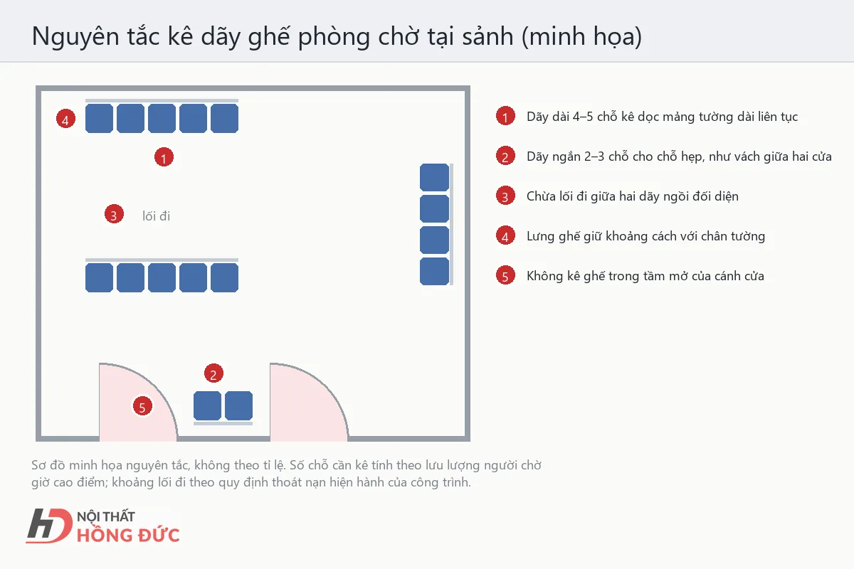 Sơ đồ minh họa nguyên tắc kê dãy ghế phòng chờ tại sảnh: dãy dài dọc tường, dãy ngắn giữa hai cửa, chừa lối đi, tránh tầm mở cửa