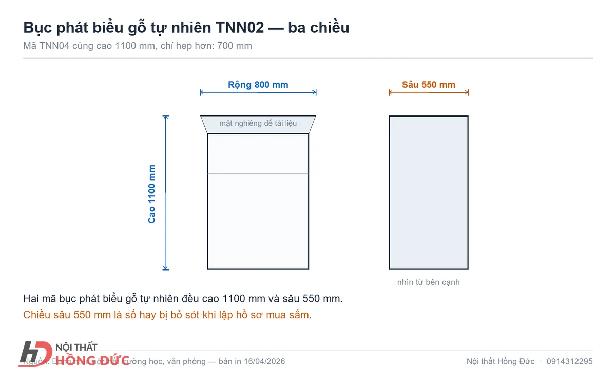 Sơ đồ tự vẽ bục phát biểu có ghi ba chiều 800 / 550 / 1100 mm và đánh dấu chiều sâu