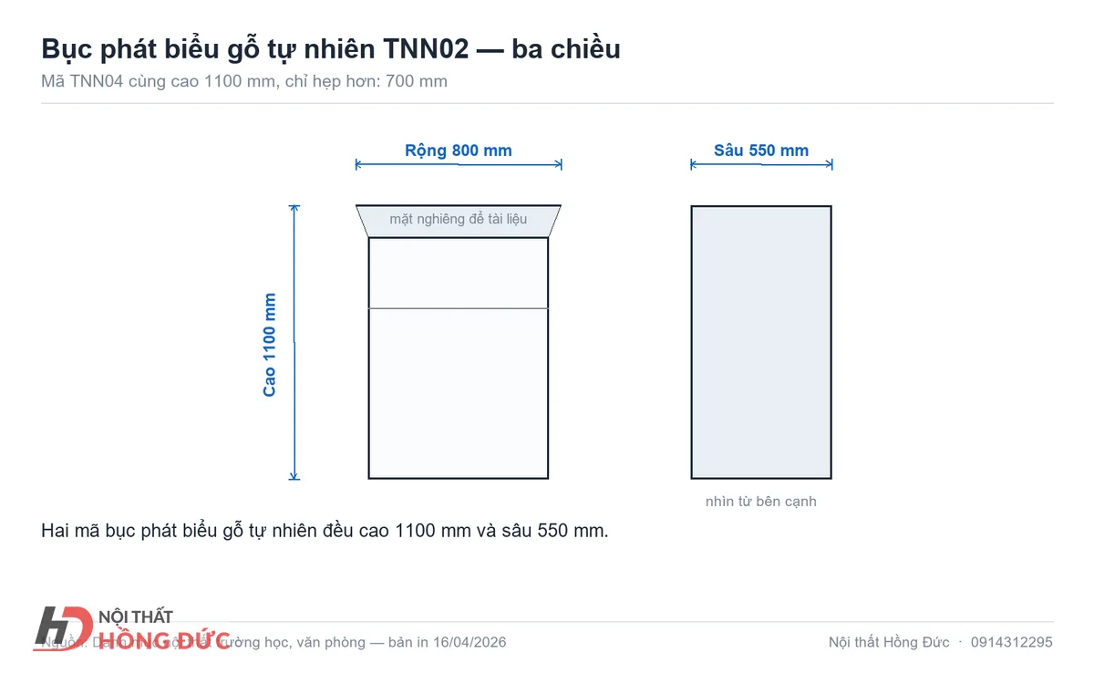 Sơ đồ tự vẽ bục phát biểu nhìn nghiêng, ghi rõ 800 / 550 / 1100 mm vào ba chiều