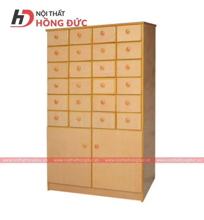 Tủ phích thư viện HTV01 gỗ công nghiệp, 24 ô nhỏ có cửa và 2 ngăn lớn dưới cùng
