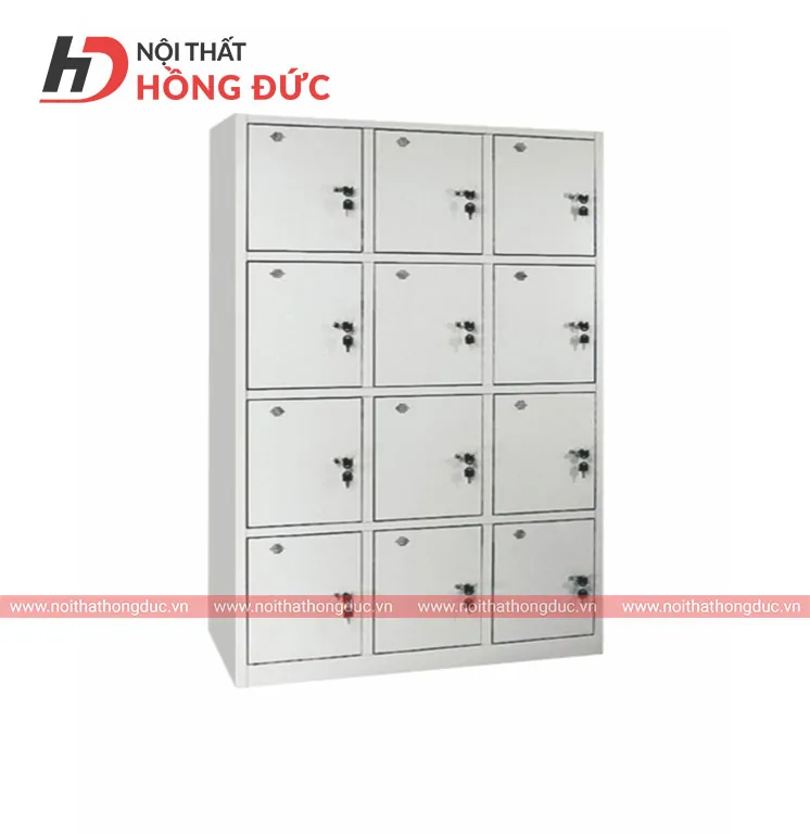 Tủ sắt đứng 12 cánh, thấy rõ tay nắm và vị trí ổ khóa từng ô